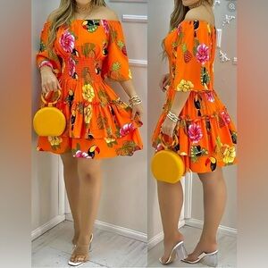 Tropical Toucans Off-Shoulder Smocked Mini Dress with Bell Sleeve– Orange